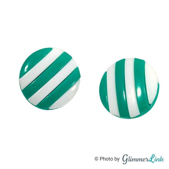 Vintage Round Striped Lucite Green & White Silver Tone Clip On Earrings - Picture 5 of 11